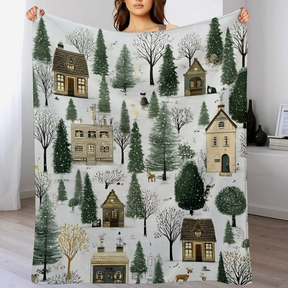 RKSupls Christmas Throw Blanket,Soft Warm Fannel Christmas Trees Snow House Blankets Gift for Home Bed Sofa Couch Decor,50x60 in