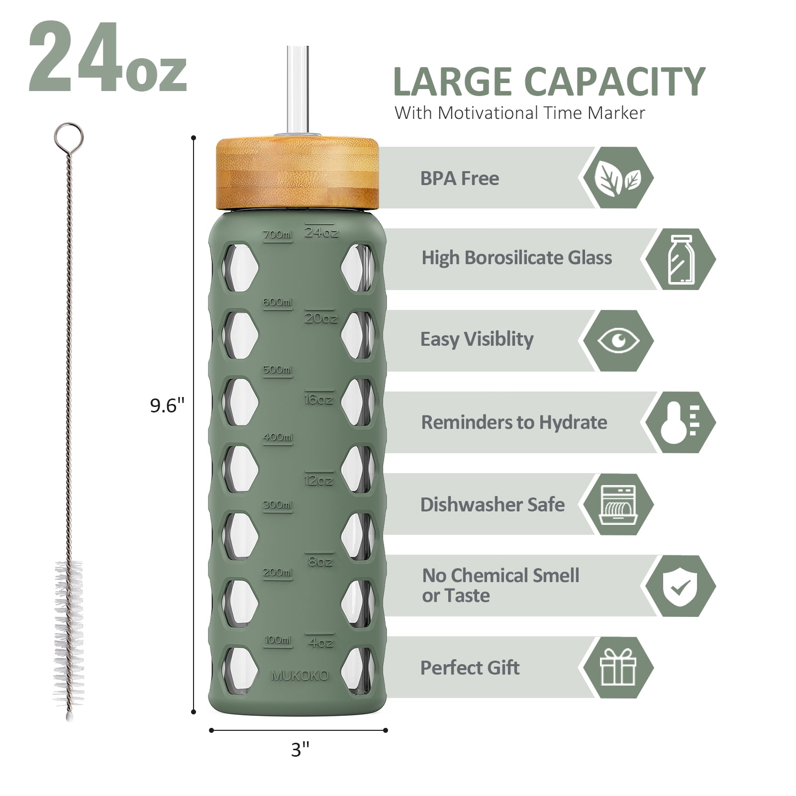 MUKOKO 24oz Glass Water Bottle, Motivational Water Tumbler with 2 Lids and Straw, Time Marker Silicone Sleeve, Olive