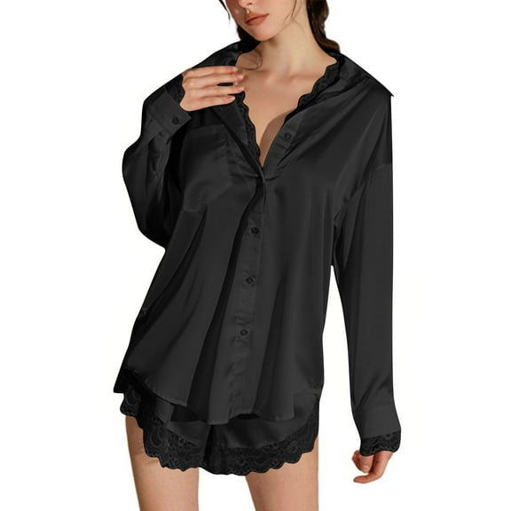 Akafmk Women's Long Sleeve Pajama Sets,Silk Pajamas for Women Set,Long Sleeve Sleep Tops and Sleepwear Shorts 2 Piece Loungewear Set Soft Comfy Nightwear