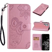 for Samsung Galaxy S23 Ultra Case, Samsung S23 Ultra Premium Leather Magnetic Case with Hand Strap Owl Embossed Case PU Leather Flip Wallet Case with Card Holder Kickstand, Rosegold