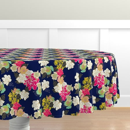 

Cotton Sateen Tablecloth 70 Round - Jungle Passion Navy Extra Large Floral Garden Blue Print Custom Table Linens by Spoonflower