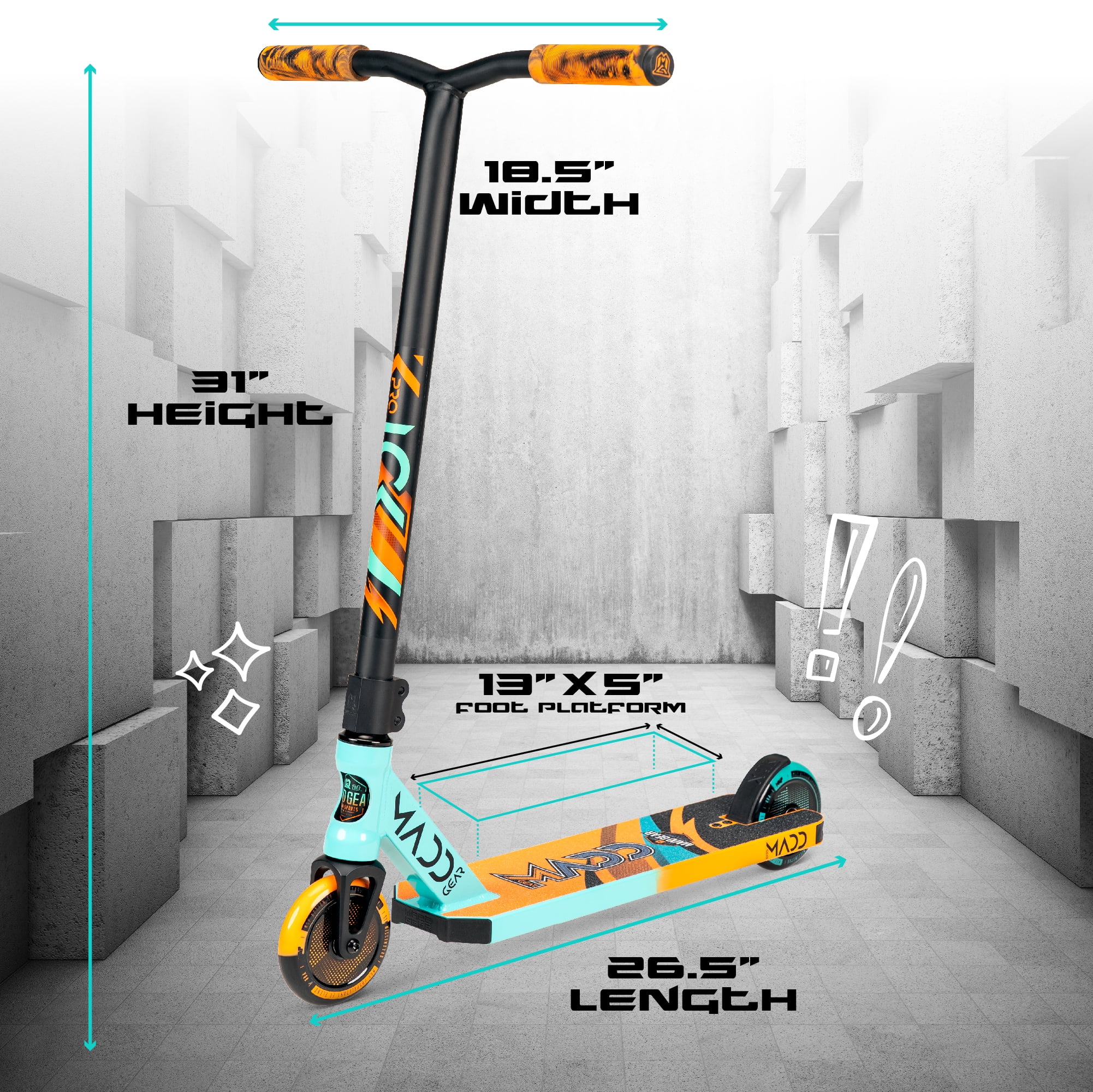 Madd Gear Kick Pro Stunt Scooter for Ages 6 + Strong Aluminum 5" Wide Lightweight Deck - Designed for Skatepark Use
