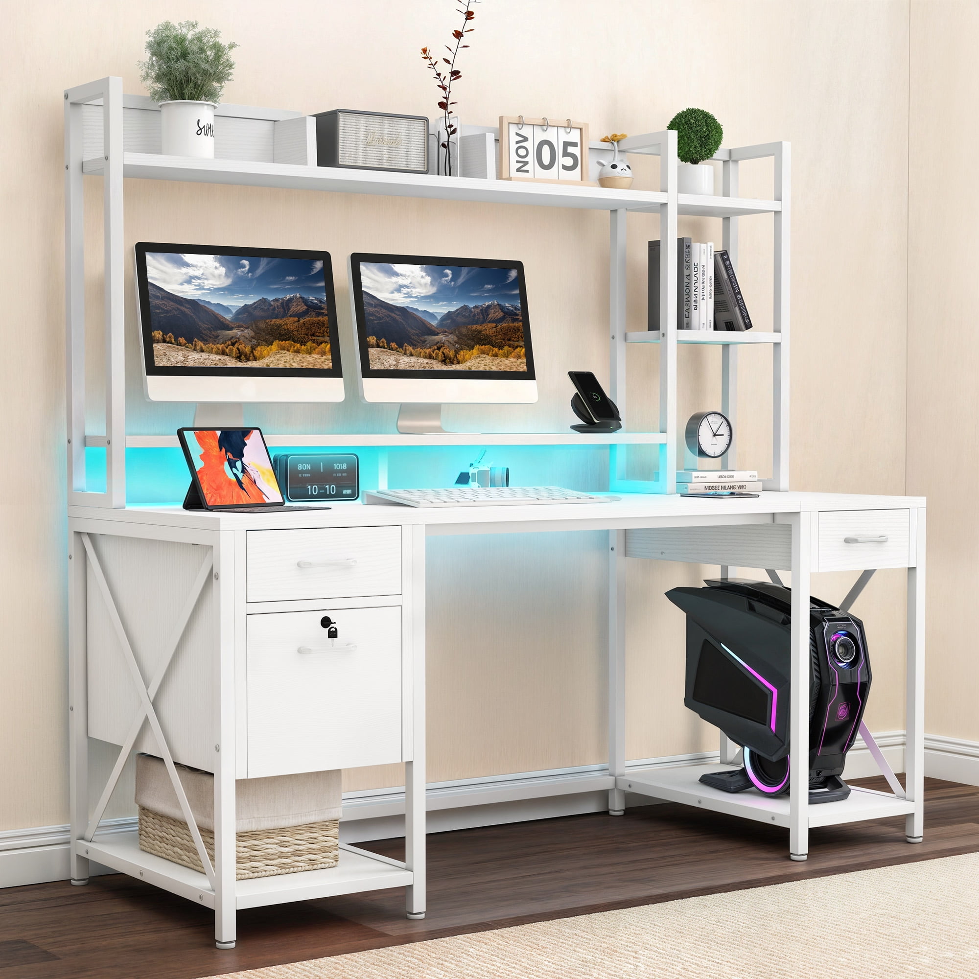 Dextrus 59.1"Computer Desk with Power Outlets & Hutch, Office Desk with Storage Shelves & Drawers with Lock, Gaming Desk with LED Lights & Monitor Stand, White