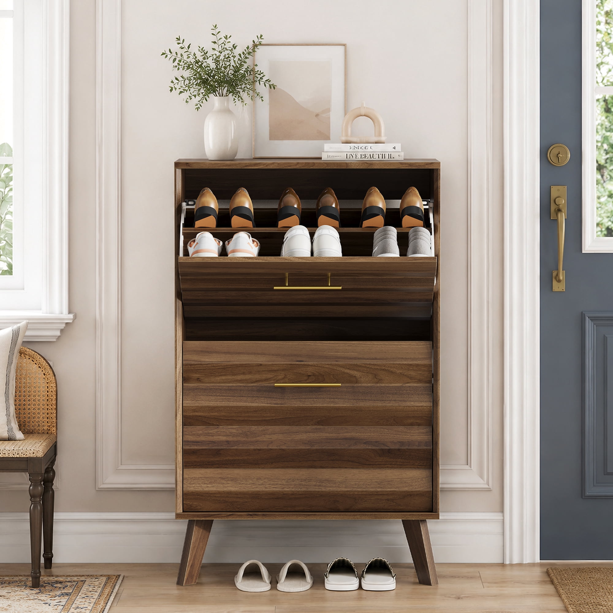 23.6 Inch Walnut Slim Flip-Top Shoe Cabinet, Mid-Century Freestanding Narrow Entryway Shoe Rack with Gold Handles & Angled Wood Legs, Large Capacity Tilt-Out Shoe Storage Organizer