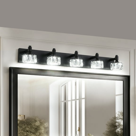 Crystal Vanity Lights for Bathroom, 5 Light Bathroom Vanity Light, Modern 36.0in Light Over Mirror Light Fixtures Matte Black