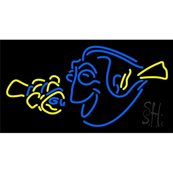 Yellow Blue Fish 3 LED Neon Sign 20" Tall x 37" Wide - inches Black Square Cut Acrylic Backing, with Dimmer - Premium built indoor Sign for Club, Home décor, Event, Workshop, Storefront.