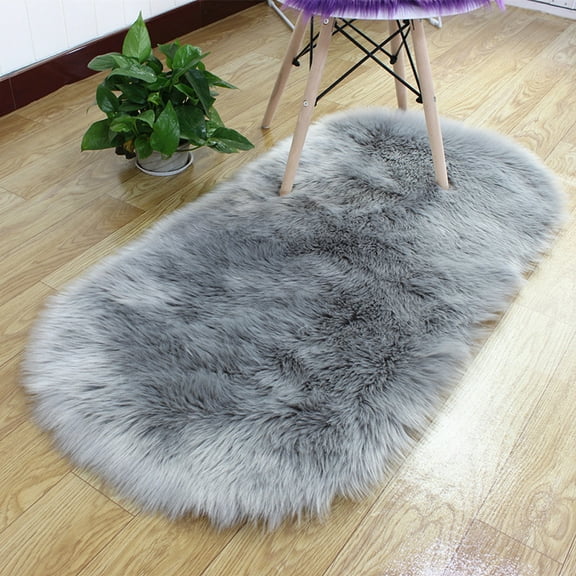 FUDAKUNA Gray Fluffy Area Rug Oval 24" x 36" Soft Plush Absorbent Faux Sheepskin Non Slip Backing Floor Mats Chair Sofa Cushion