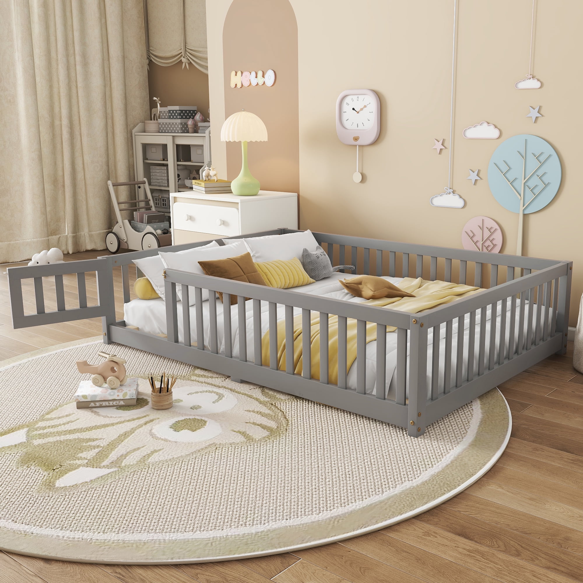 Bellemave Full Size Bed Floor Bed with Safety Guardrails and Door, loor Bed with Bed Slats Sturdy Wood Floor Bed Montessori Bed Frame, Gray