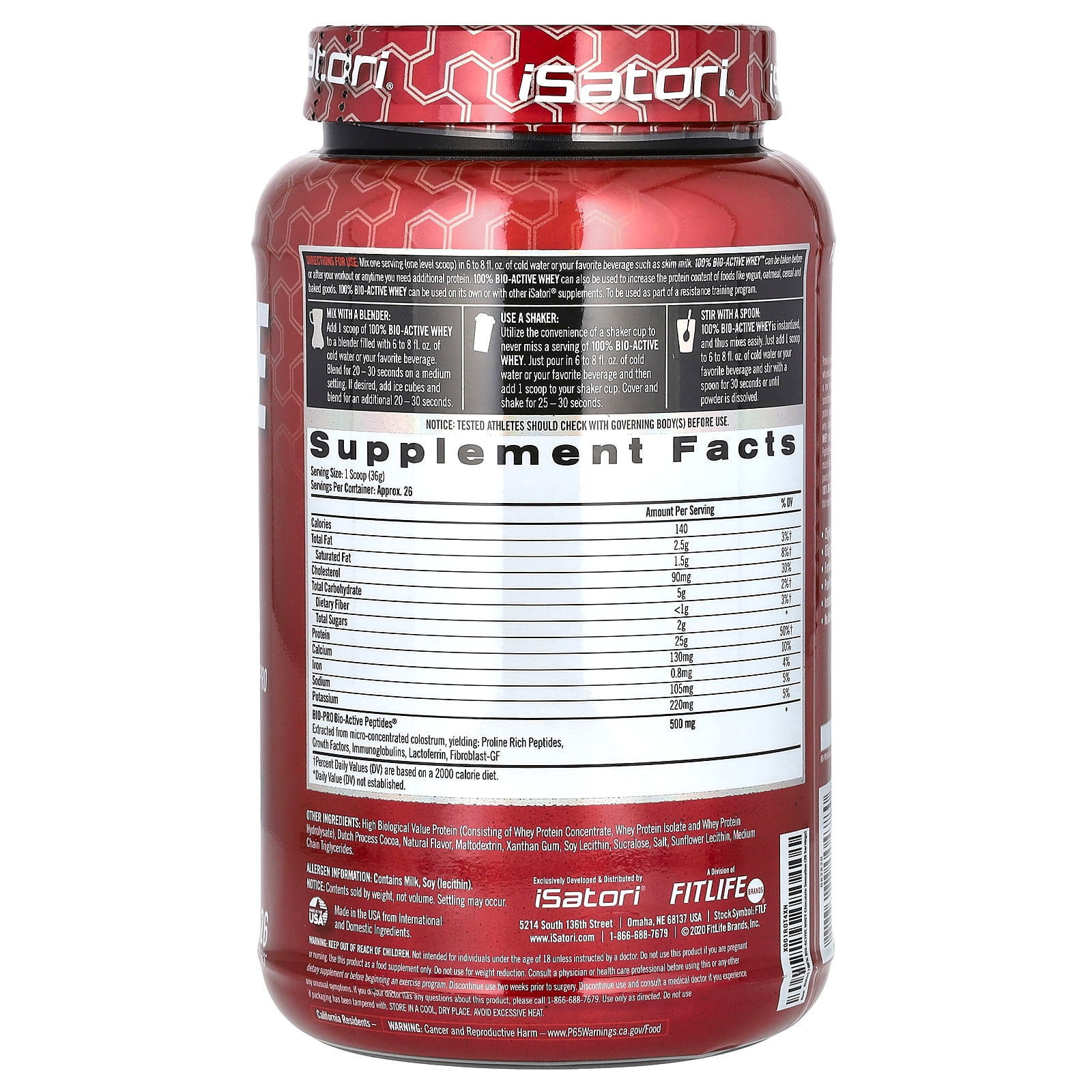 iSatori 100% Bio-Active Whey Protein Powder, Concentrate, Isolate and Hydrolysate - Bio-Gro, Bio Active Peptides, and BCAAs for Recovery 25G of Protein per Serving – Chocolate Sensation (26 Servings)