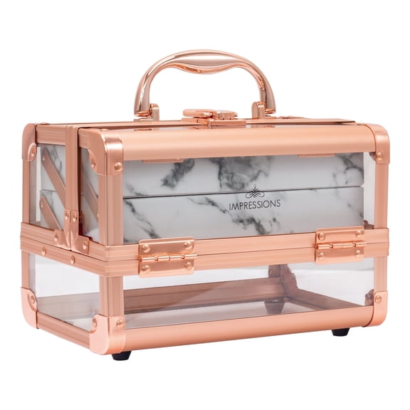 Impressions Vanity Savvy Lux Makeup Travel Case with Flip Top Mirror (Rose Gold Clear White Marble)