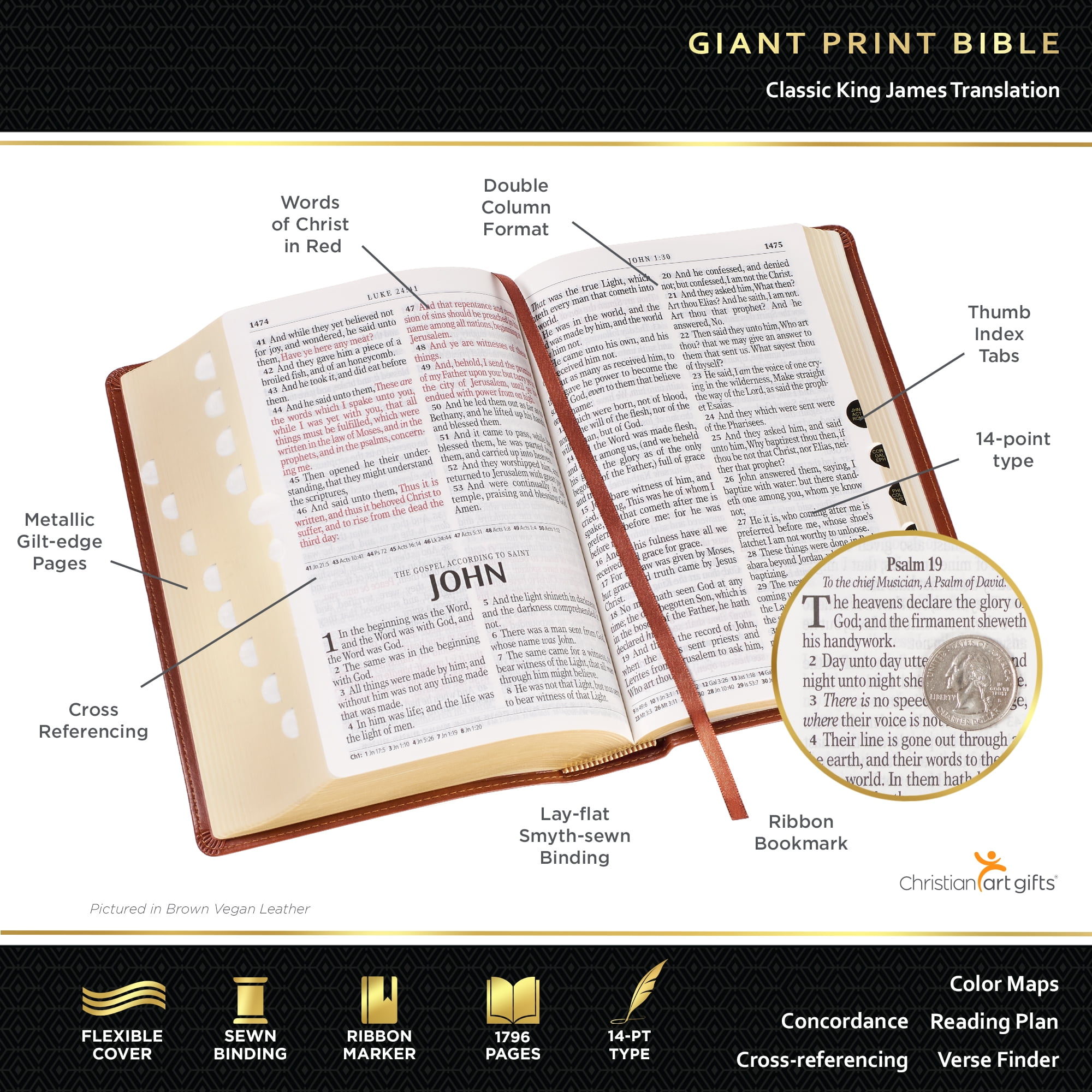 KJV Holy Bible, Giant Print Standard Size Faux Leather Red Letter Edition - Thumb Index & Ribbon Marker, King James Version, Dark Brown