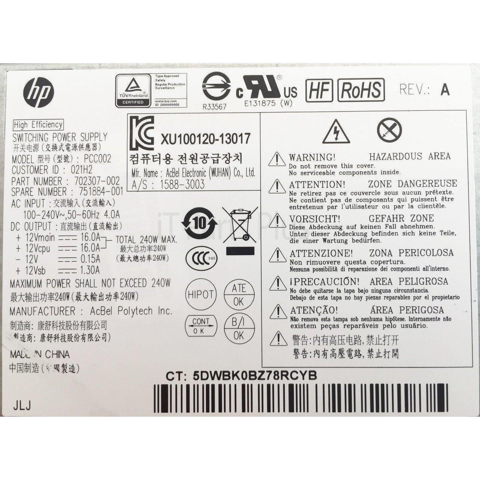 HP Fuente HP Elitedesk 600 800 G1 SFF Power Supply 240W 751884  