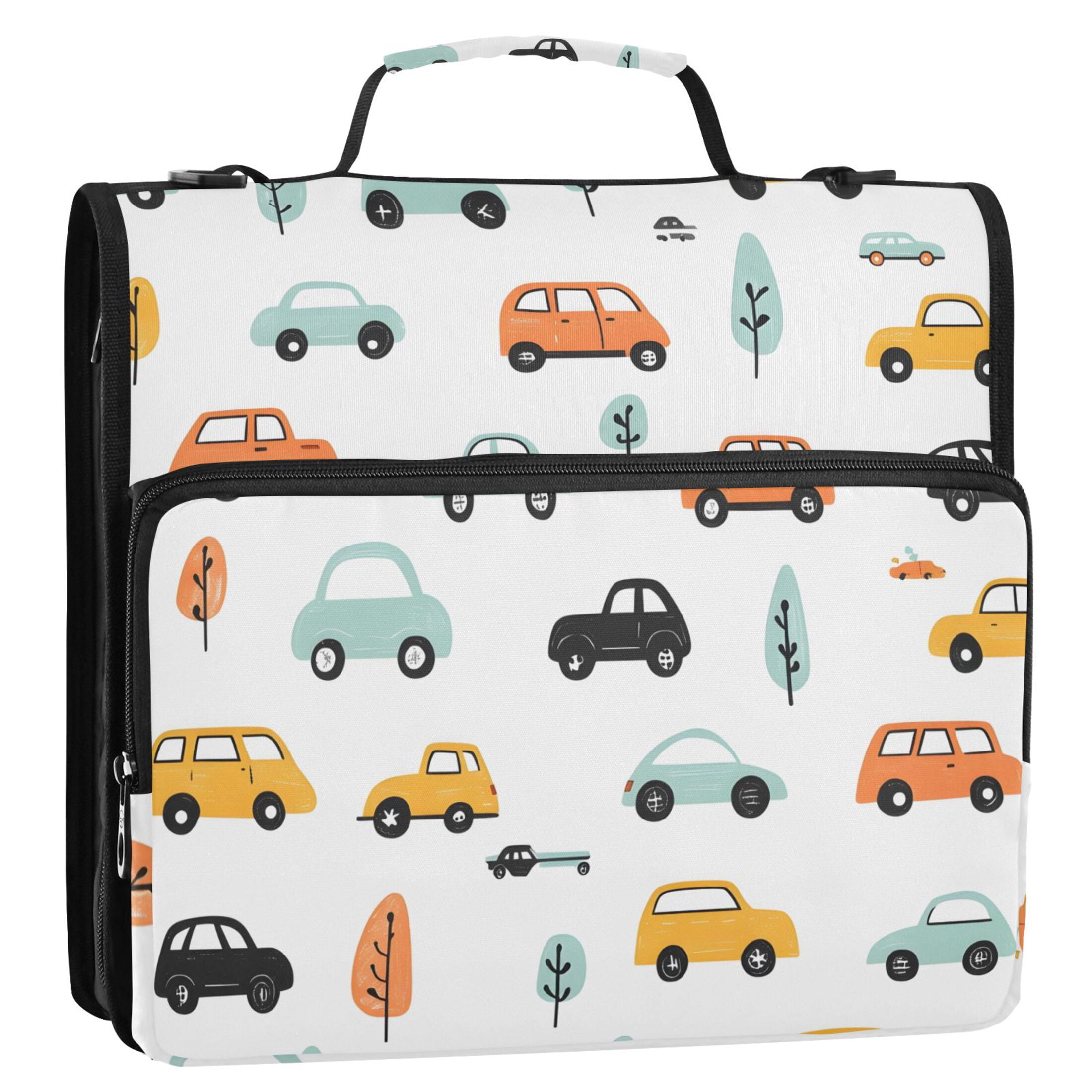 3 Ring Zipper Binder with Shoulder Strap Waterproof Trapper Keeper 2 Inch D-Ring 500 Sheets Capacity Cartoon Cars and Tree
