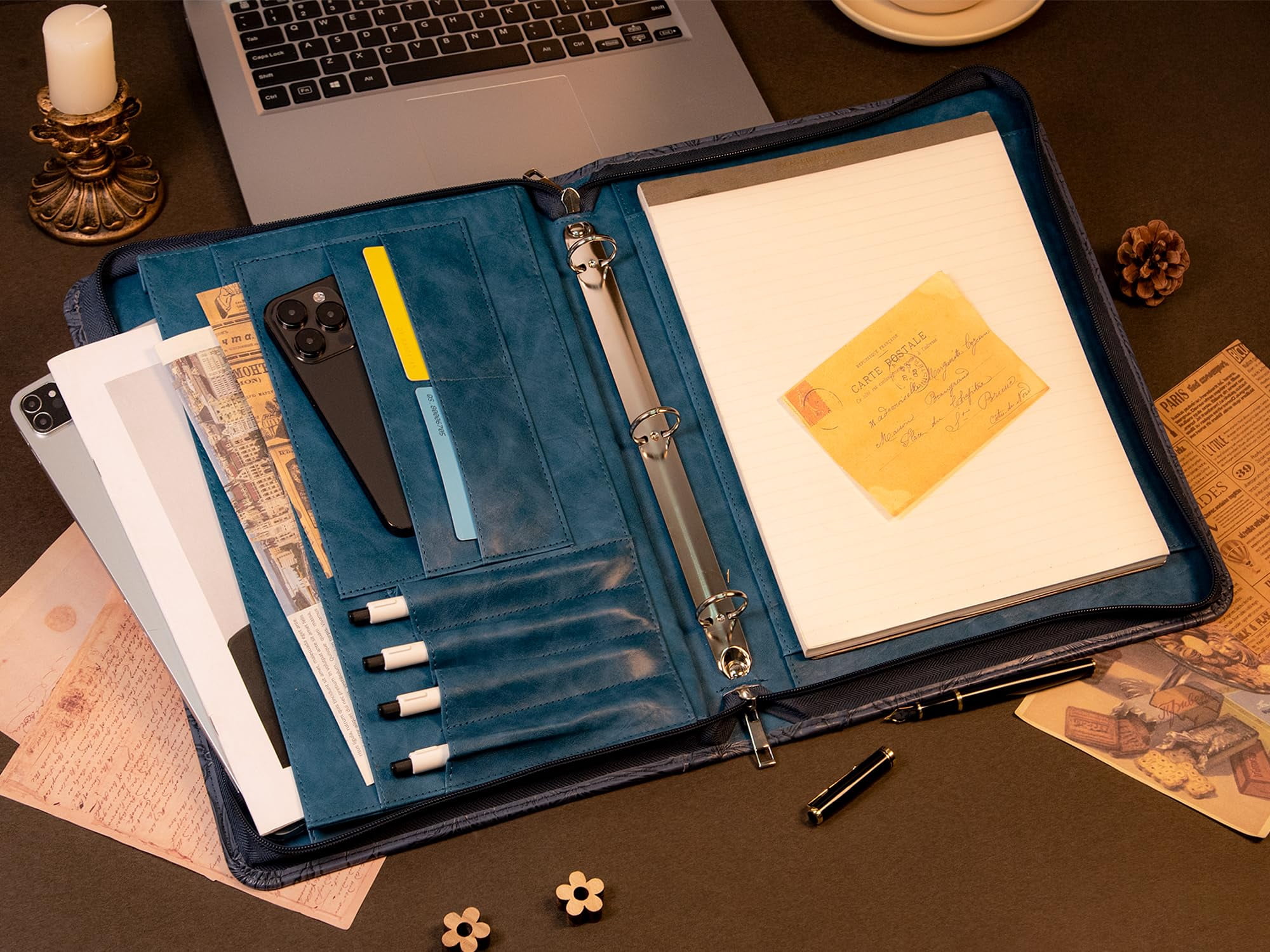 Premium Blue Floral Leather Business Binder – A4 Organizer with Pen Slots, Phone Holder & Multiple File Pockets – Perfect for Office, Meetings & Professionals