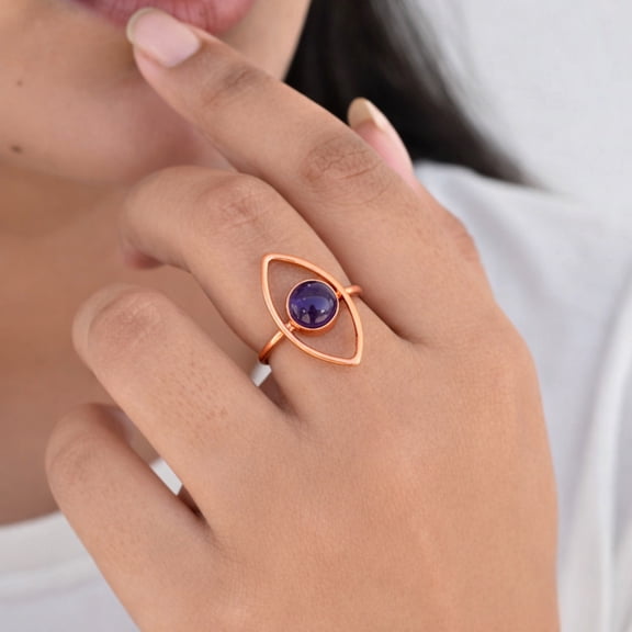 Amethyst Evil Eye Ring – Solid Pure Copper Minimalist Statement Ring – Boho Gemstone Jewelry