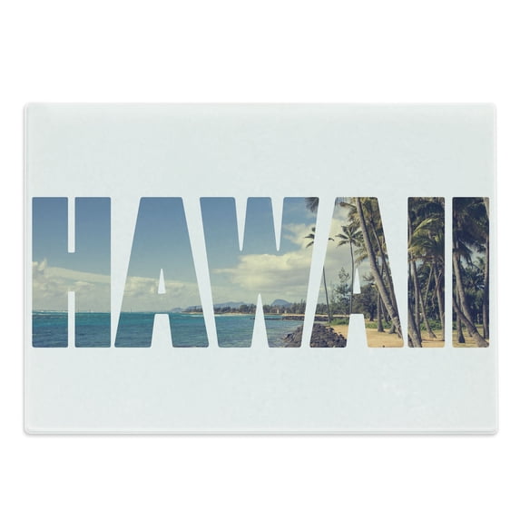 Hawaiian Cutting Board, Word Hawaii Tropical Island Photo Exotic Popular Places Palm Forest by Ocean, Decorative Tempered Glass Cutting and Serving Board, Large Size, Blue Green, by Ambesonne