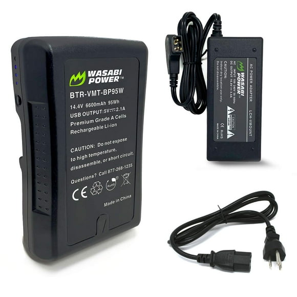 Wasabi Power Batterie V-Mount (14,4v, 6600mAh, 95Wh) et Chargeur de Batterie V-Mount avec D-Tap pour Caméscope Sony, Lumière LED de Diffusion, et Tout Autre Caméscope Compatible
