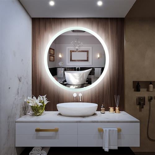 Ktaxon 24x24 Smart LED Wall Mounted Bathroom Mirror Vanity Makeup Mirror  W/Touch Button &Anti Fog,Round,Silver(Horizontal/Vertiacl)