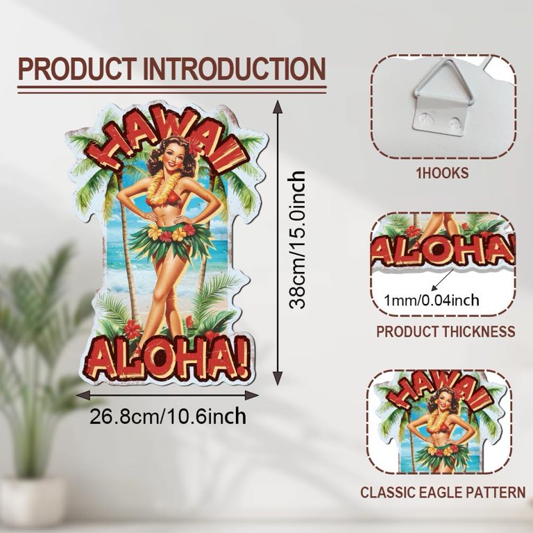 Vintage Hawaii Pin Up Lady Metal Tin Sign 15x10.6 Inch Funny Retro