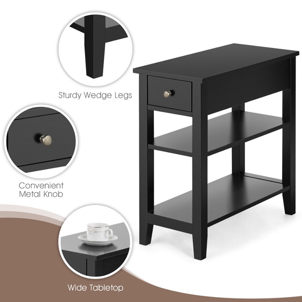 Finihen End Side Table, Rectangular Nightstand, 3-Tier Nightstand Bedside Table Sofa Side with Double Shelves Drawer, for Living Room, Bedroom, Black Finihen End Side Table, Rectangular Nightstand, 3-Tier Nightstand Bedside Table Sofa Side with Double Shelves Drawer, for Living Room, Bedroom, Black