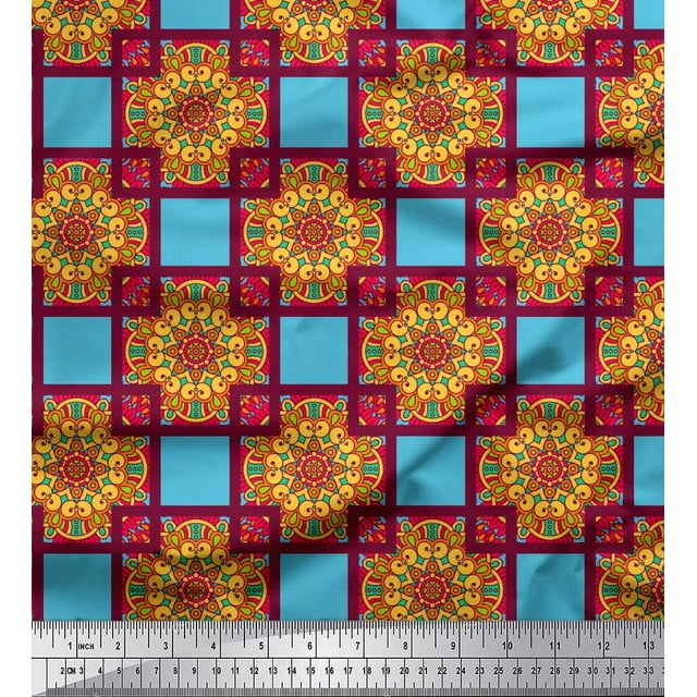 Soimoi Rayon Fabric Check & Mandala Decorative Decor Fabric Printed Yard 42 Inch Wide
