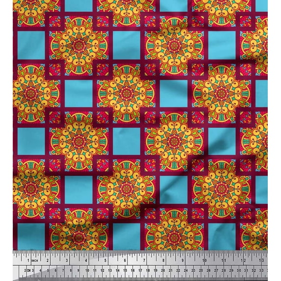 Soimoi Rayon Fabric Check & Mandala Decorative Decor Fabric Printed Yard 42 Inch Wide