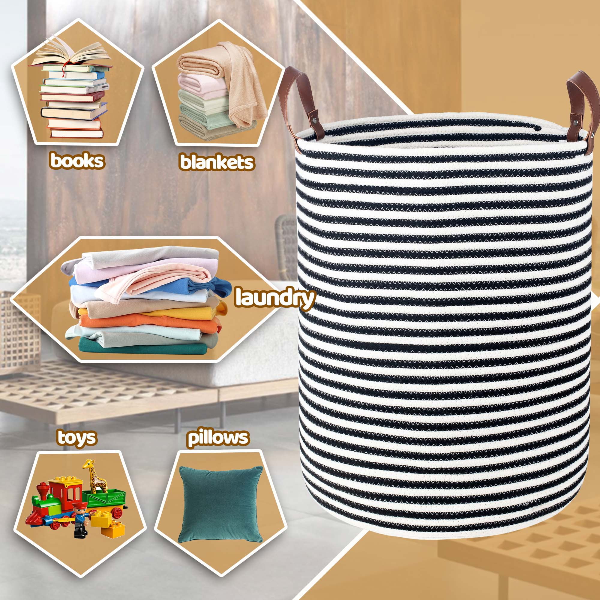 Caroeas XXXL Extra Large Rope Basket, 16''x20'' Woven Storage Basket with Leather Handles, Blanket Basket for Living Room, Tall Nursery Basket, Storage Organizer, Black and White Stripes