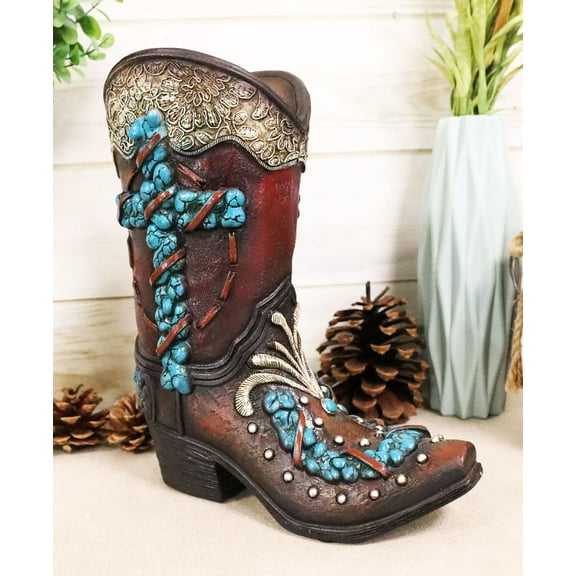 Rustic Western Turquoise Rocks Cross Scroll Art Flower Vase Planter Cowboy Boot
