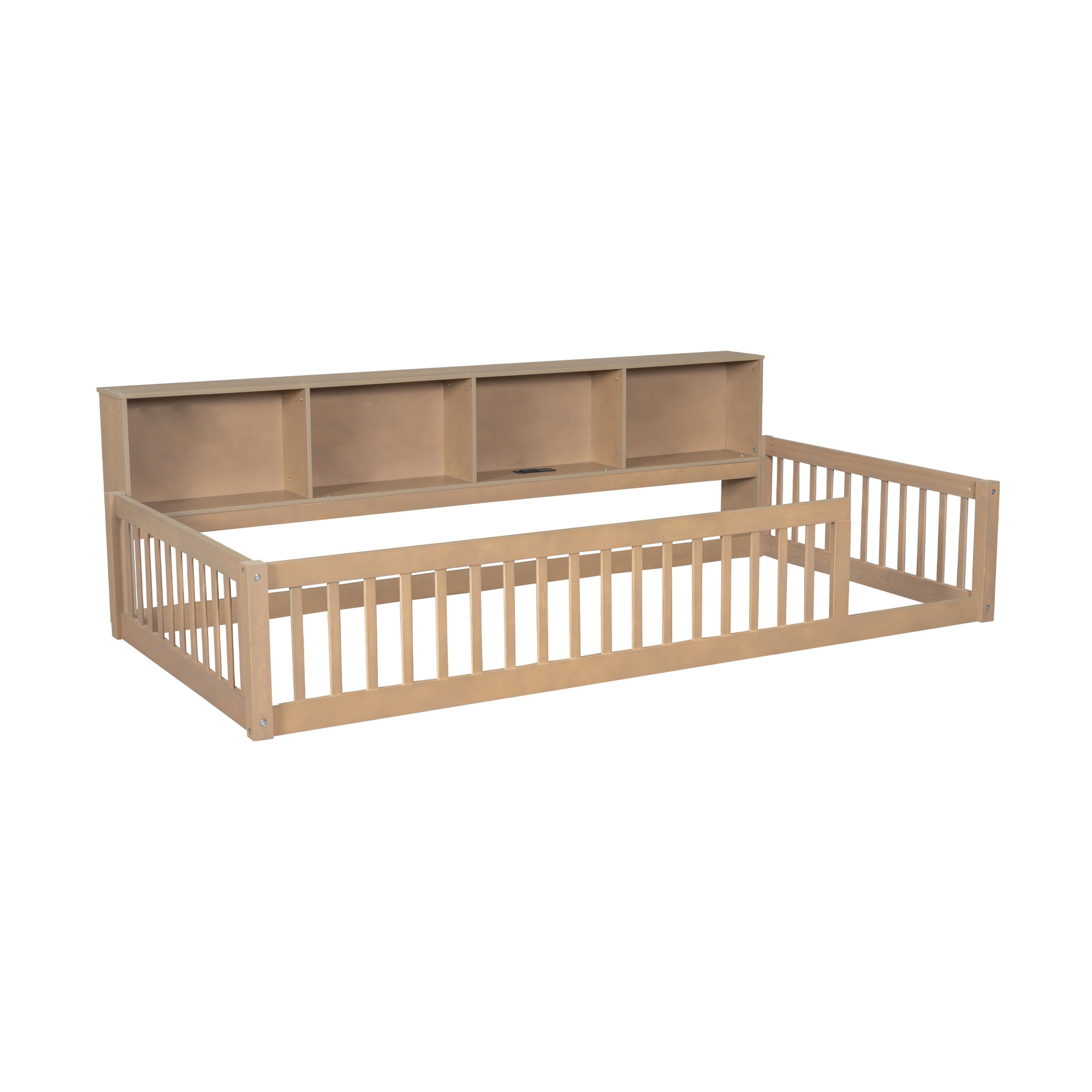 Euroco Wood Twin XL Platform Bed, Floor Bed with Storage and USB Ports, Brown