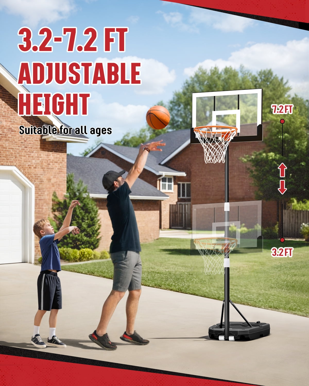 SERAY Adjustable Basketball Hoop for Kids, Teens & Adults, 3.2-7.2 feet Height, Portable Basketball Goal with 29 inch Backboard & 2 Wheels for Indoor & Outdoor Use