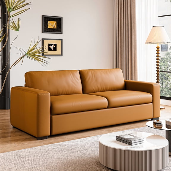 82.7''W Oversized Leather Sleeper Couch, Upholstered Loveseat with Deep Cushions and Square Armrest, Mid-century Modern Luxurious Comfy 4-seater Sectional Sofa for Living Room, Orange