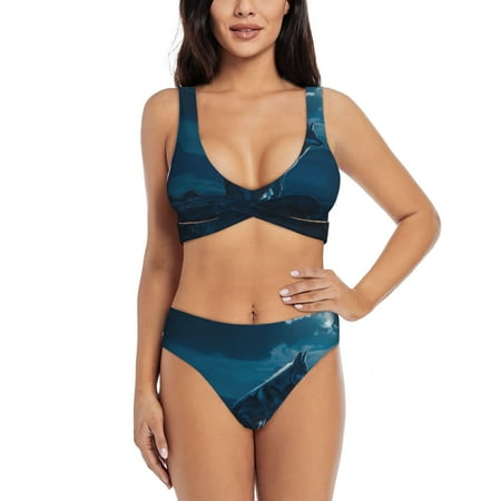 Zeuib Lonely Night Wolf High Waisted Tummy Control Bikini Set - Knot Front Push Up Top & Cheeky Thong Bottom  Two-Piece Swimsuit for Women-Small