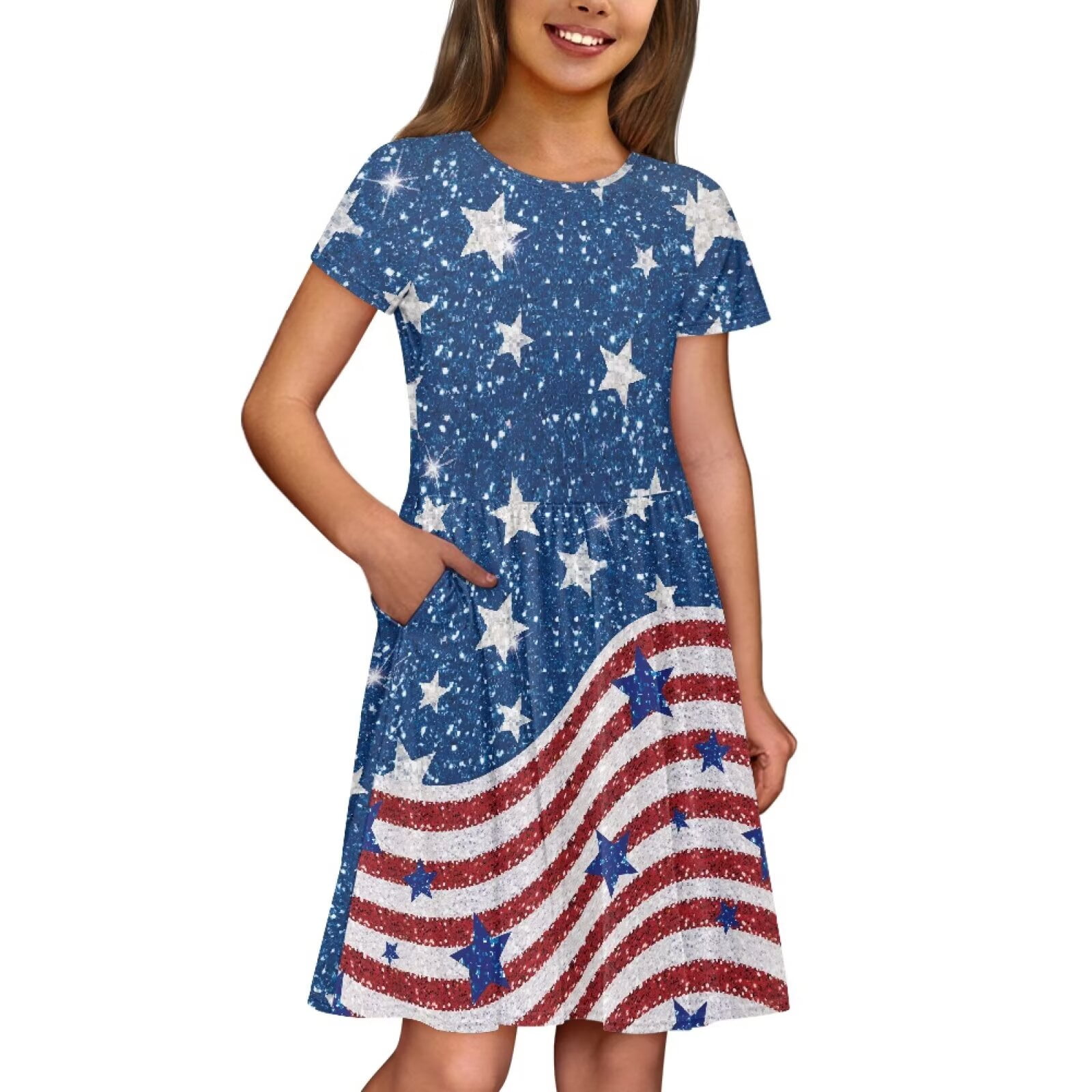 Uourmeti American Flag Patriot Girls Short Sleeve Dress Summer Casual Crew Neck Midi Independence Day School Swing Dresses July 4th Lightweight Soft A-Line Dress Beach Dresses with Pockets