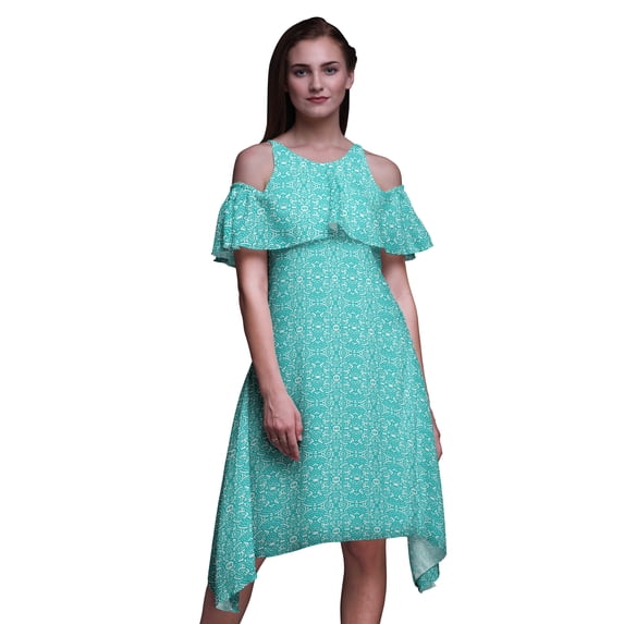 Bimba Block Print Cold Shoulder Women Swing Tunic Flutter Sleeve Midi Dress-Large