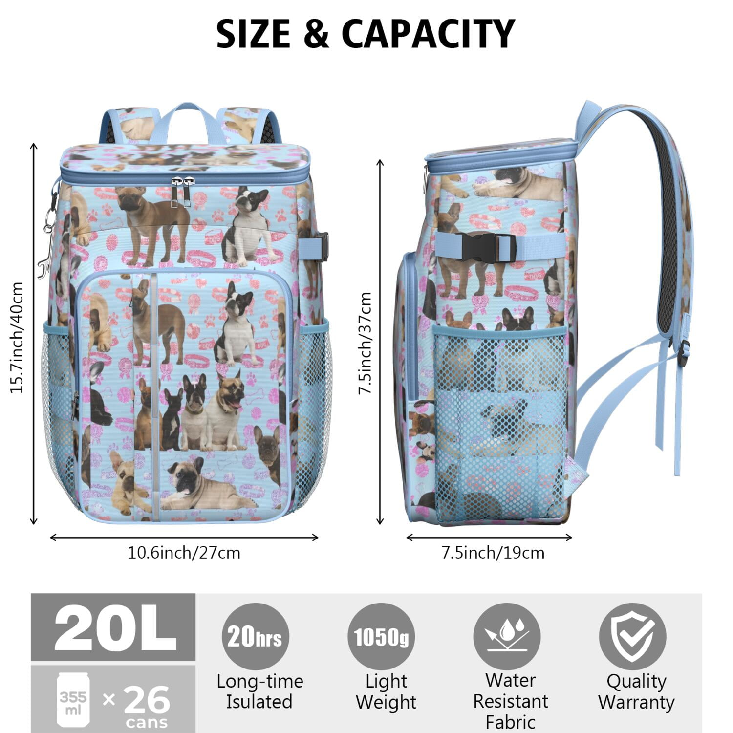 Travel Cooler Bag - French Bulldogs Camping Beer Cooler Backpack with Bottle Opener- Waterproof Insulated Picnic Backpacks - Cooler Bag for Beach