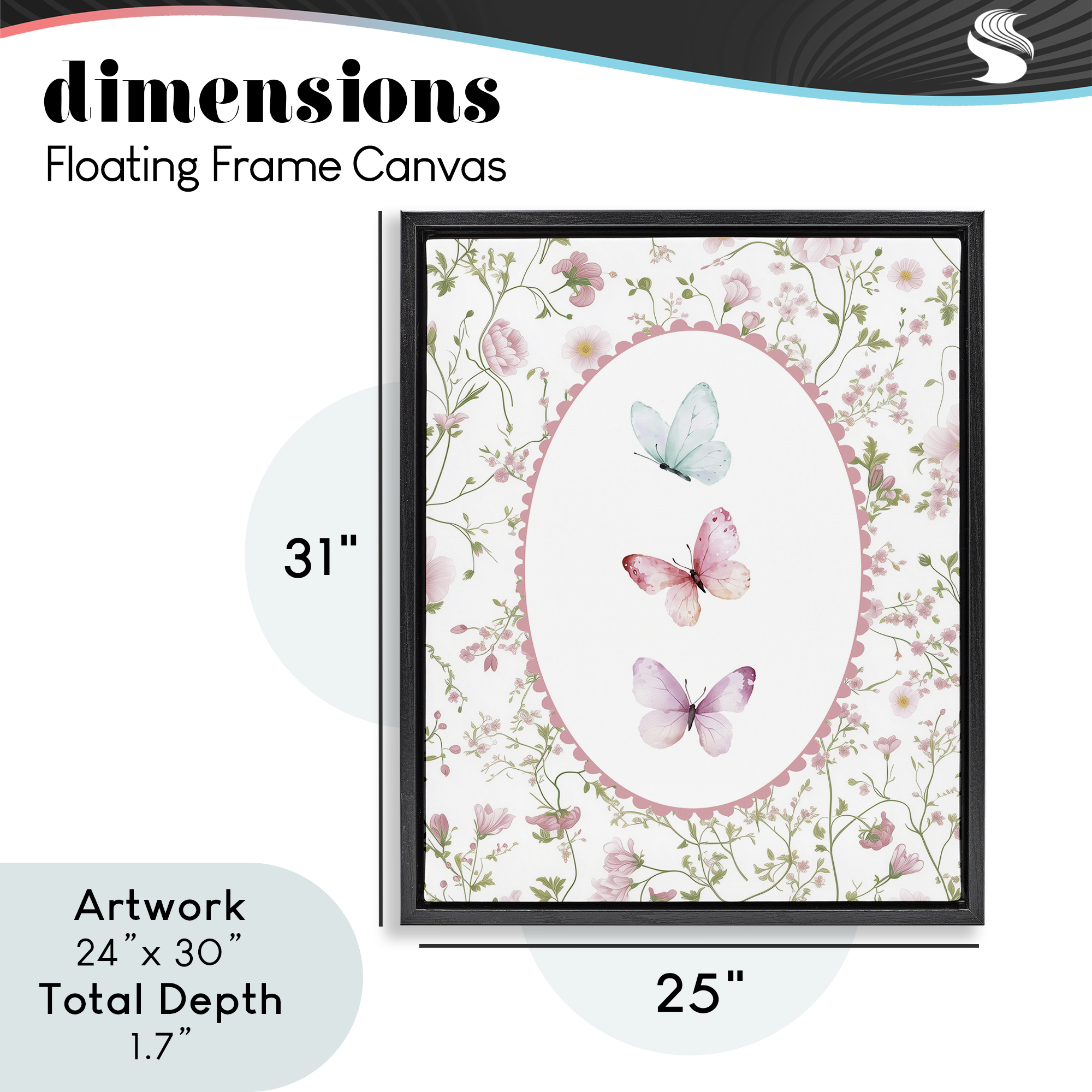Delicate Florals & Butterfly Black Framed Floater Canvas Wall Art, design by Christine Simpson Art