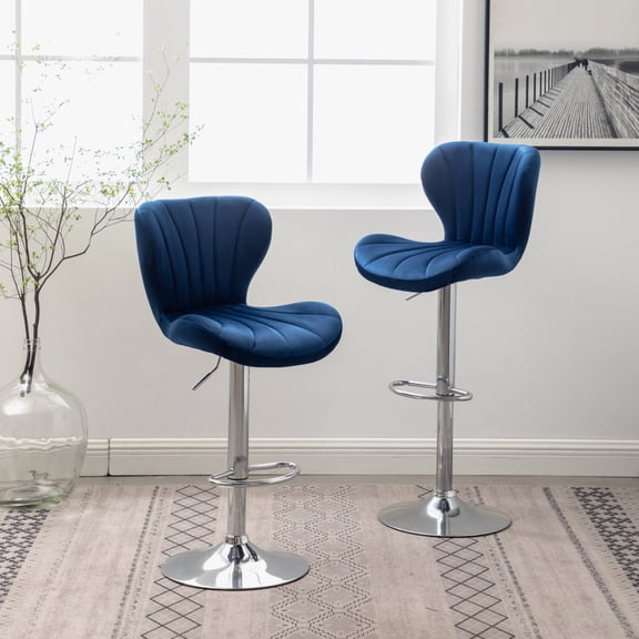 Nexthro Contemporary Velvet Upholstered Adjustable Swivel Bar stools, Set of 2, Blue