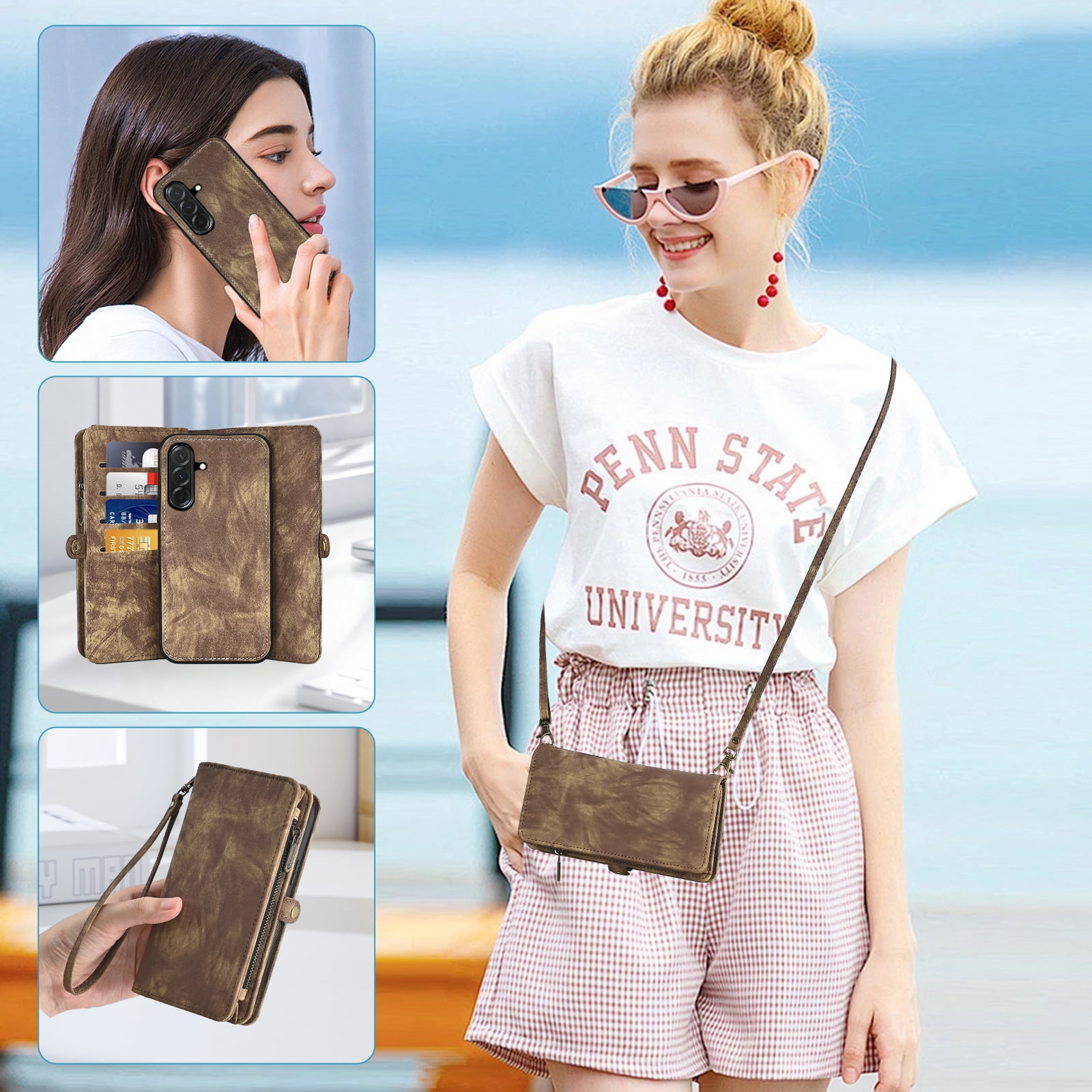 Asuwish Phone Case for Samsung Galaxy A36 5G Zipper Wallet Detachable Cell Cover with Tempered Glass Screen Protector Crossbody Lanyard Strap Flip Card Holder A 36 36A LTE SM-A366U Women Girls Brown