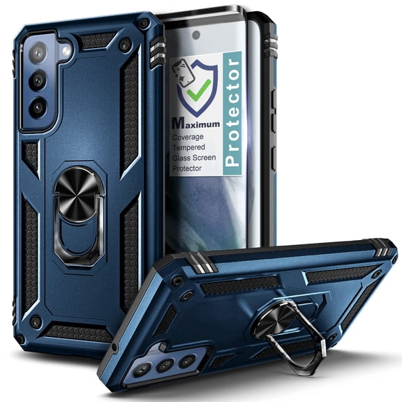 Nagebee Case for Samsung Galaxy S21 FE 5G with Tempered Glass Screen Protector (Full Cover Caseage), Military Armor [Magnetic Ring Holder & Kickstand] Shockproof Cover Case (Blue)