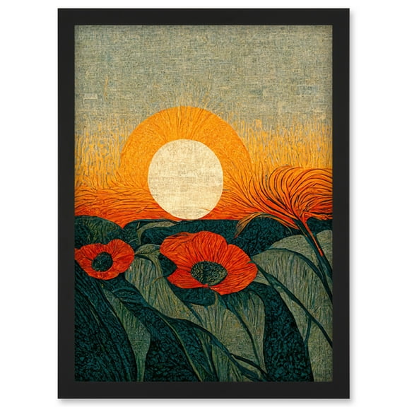 Abstract Sunrise Over Poppy Meadow William Morris Style Artwork Framed Wall Art Print A4