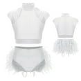 thumbnail image 4 of inlzdz Kids Girls Sparkly Hip Hop Jazz Ballet Dance Outfit Lyrical Dancewear Cutout Crop Top And Feather Brief Skirt White 6, 4 of 4