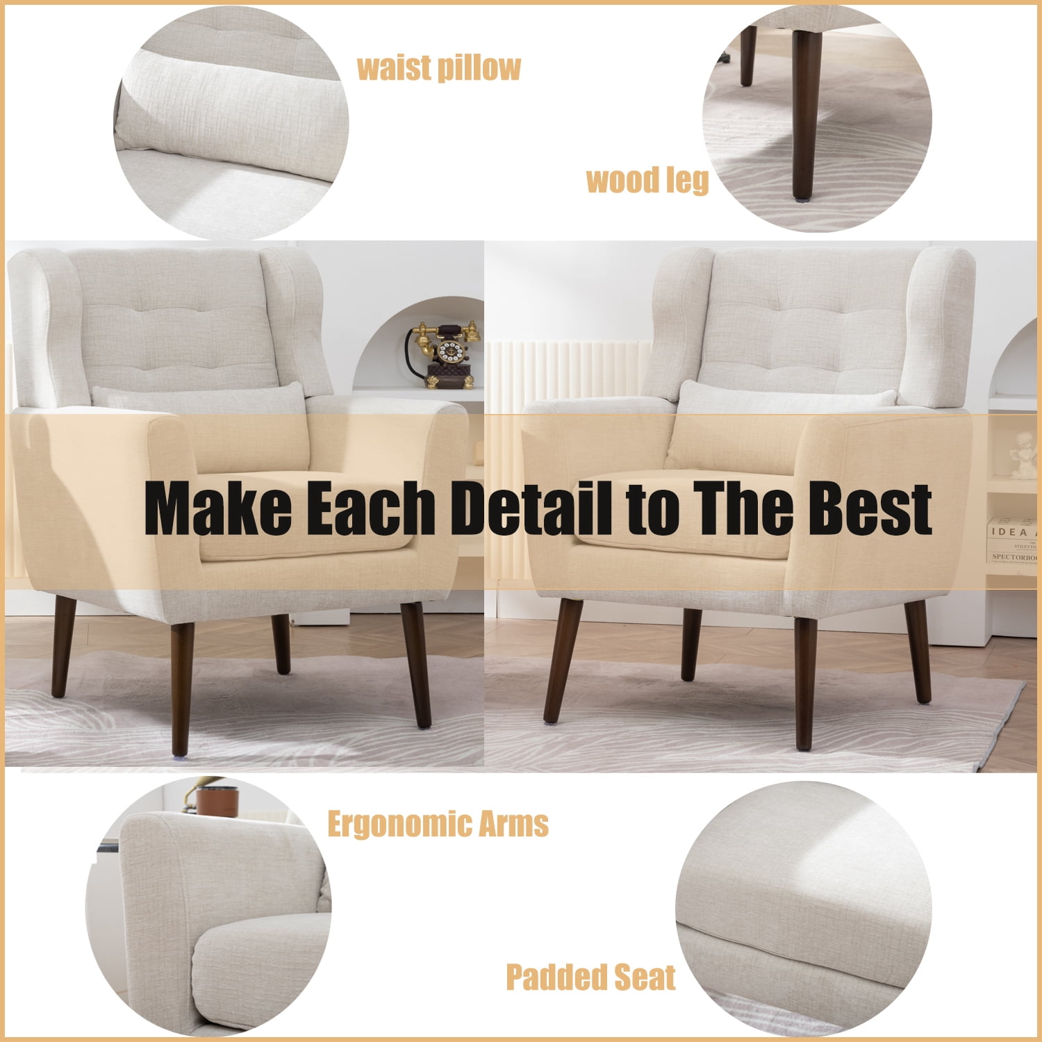 DEALTOPS Upholstered Accent Chair Modern Armchair with Chenille Fabric Lounge for Bedroom-Beige