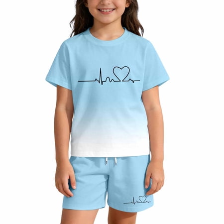 Rggeeun Girls Baby Outfit 2 Piece Gradient Letter Print Short Sleeve Crew Neck Knit Top & Elastic High Waist Shorts With Adjustable Tie Loose Fit For Travel Party Sweet Set Sky Blue 7-8 Years