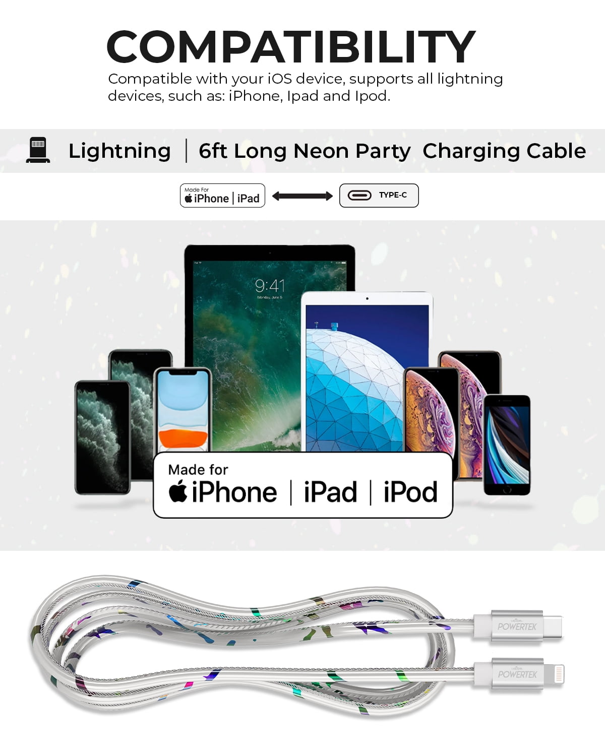 Liquipel Powertek USB C Lightning iPhone Charger Cable [MFI Certified], 6ft Fast Charging, Neon Party