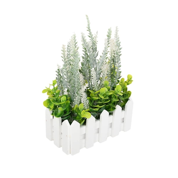 Decoración de escritorio con flores artificiales, maceta con cerca de estacas. blanco
