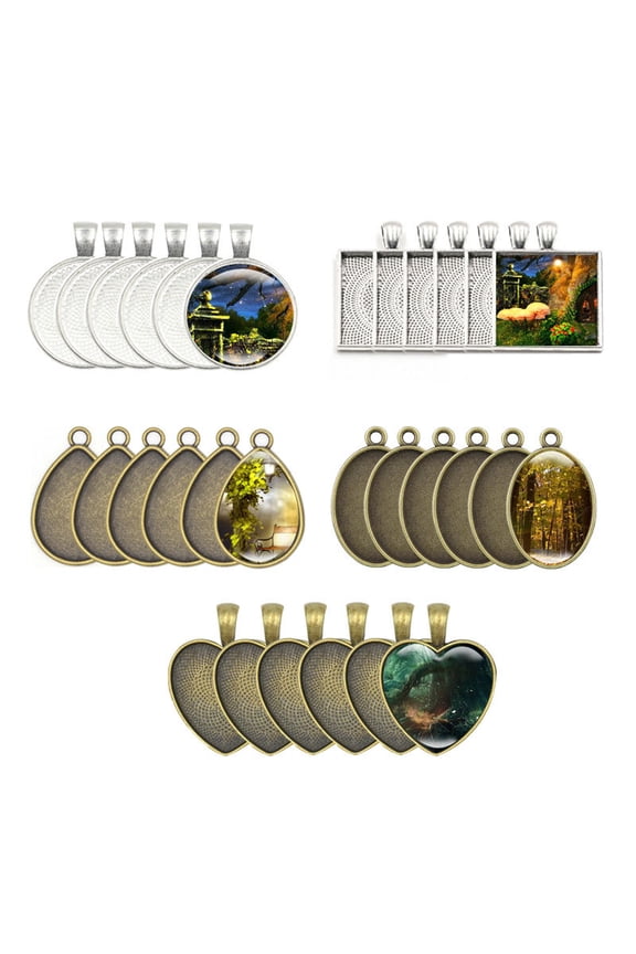 60Pcs Photo Bezel Pendant Trays Blanks Cameo Teardrop Round Square Heart Oval Glass Cabochon Settings Jewelry Making