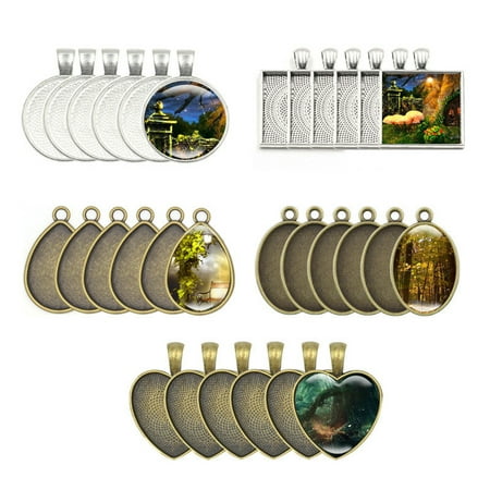 

JUNTEX 60Pcs Photo Bezel Pendant Trays Blanks Cameo Teardrop Round Square Heart Oval Glass Cabochon Settings Jewelry Making