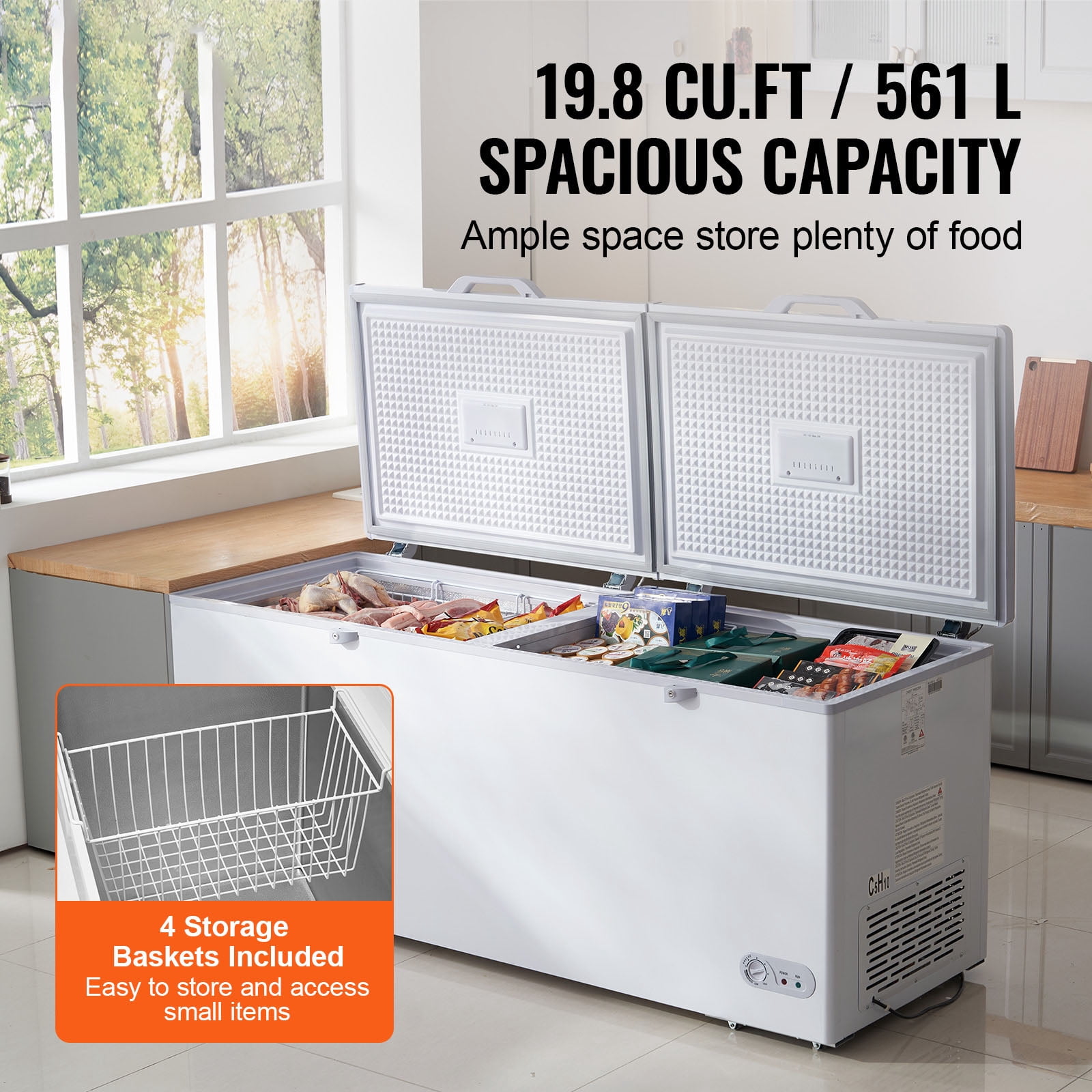 KFFKFF 19.8 Cu.Ft Commercial Chest Freezer, 561L Deep Freezer with Dual Lock Lids, 7-Level Temp Control, LED Light, 4 Removable Baskets & 6 Rolling Wheels for Home Garage