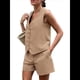 thumbnail image 3 of Conjuntos de Verano de 2 Piezas para Mujer, Sin Mangas, con Cuello en V, Abotonado, Chaleco y Pantalones Cortos con Bolsillos. Caqui L, 3 of 10