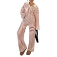 thumbnail image 5 of Women'S Striped 2 Piece Lounge Set Casual Long Sleeve T-Shirt Wide Leg Pants Matching Outfits Set Pink XL, 5 of 9